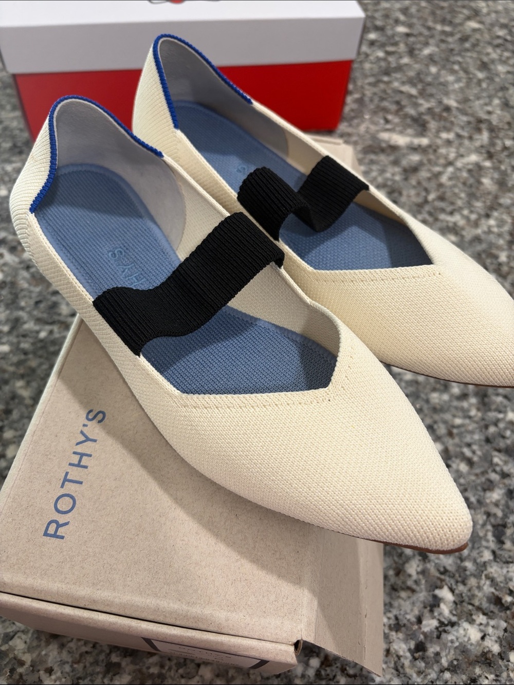 Rothy's Pointed Mary Jane Flat in Cream with Black Strap and Blue Insole